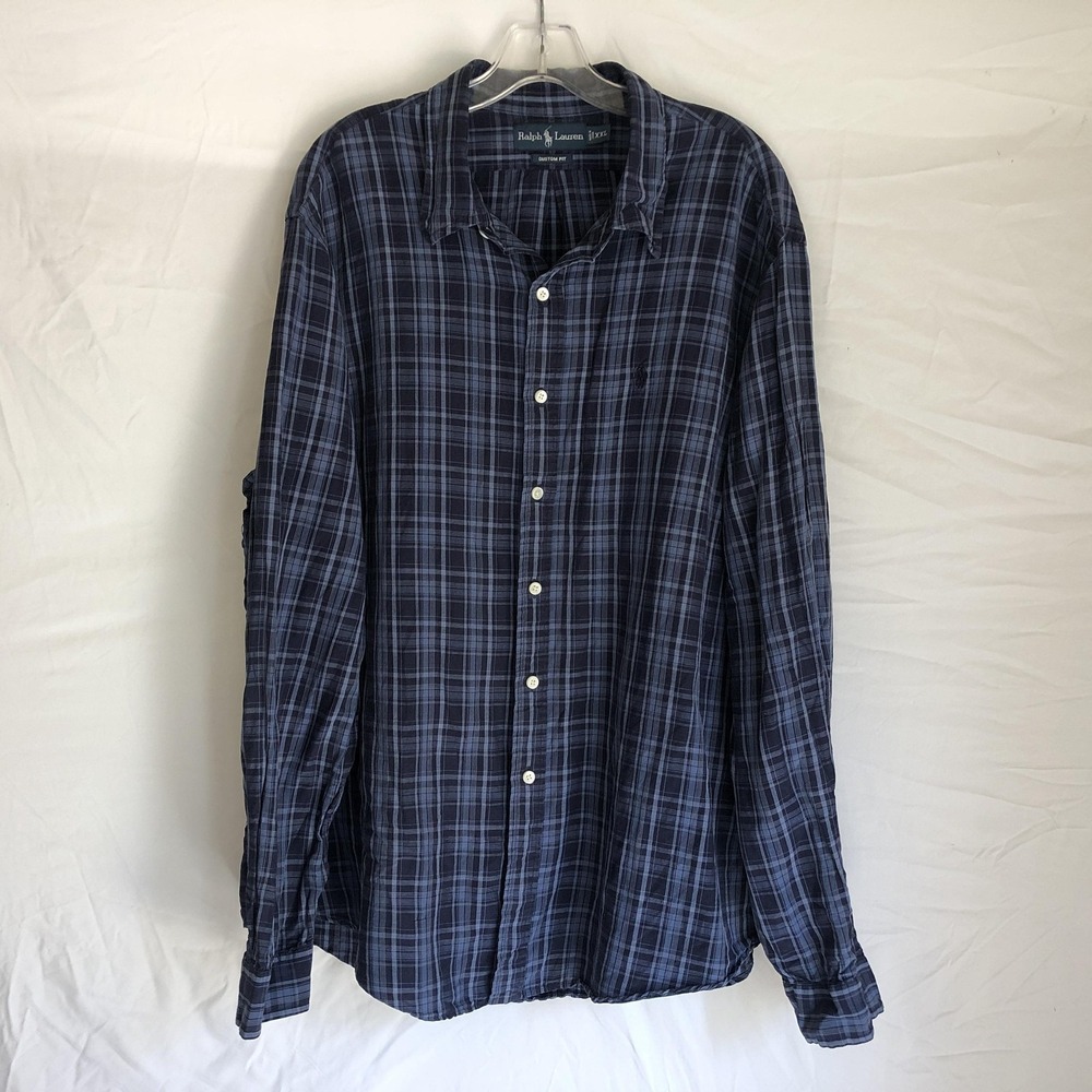 Ralph Lauren Shirt Mens 2XL Blue Plaid Silk Linen Long Sleeve Button Front